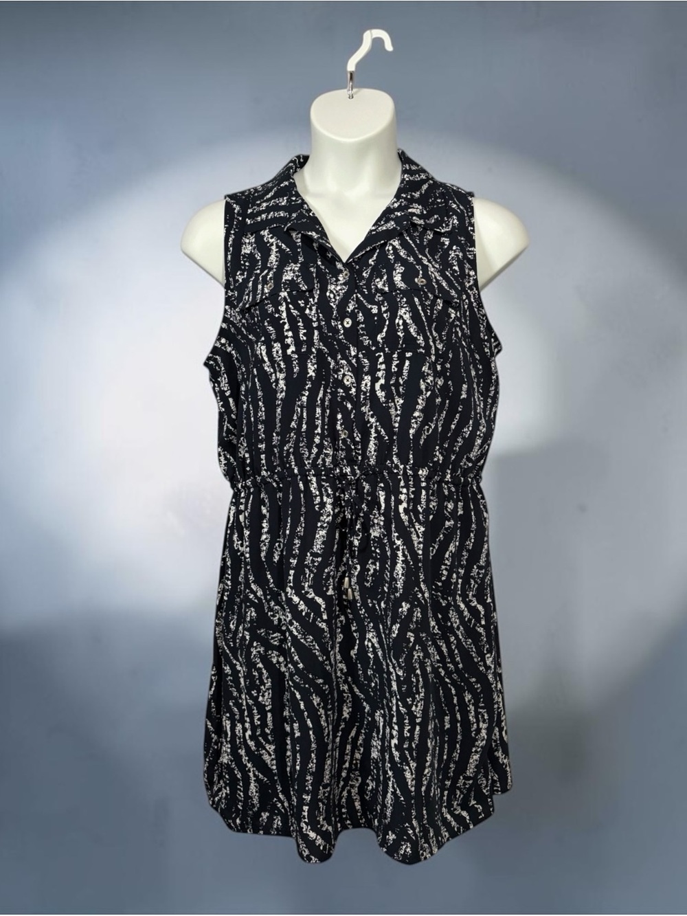 NEW Mario Serrani Italy, Sleeveless Shirt Dress, XL, Navy White Drawstring Waist